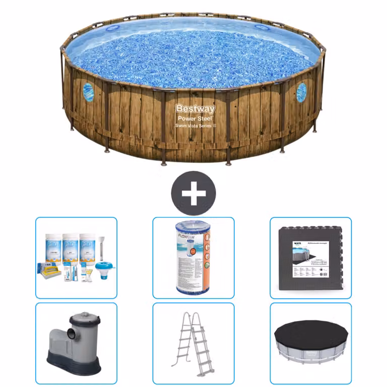 Piscina Bestway Round Power Steel Swim Vista - stampa su legno - 488 x 122 - compresa pompa - scaletta - copertura pacchetto manutenzione - filtro - pavimento in piastrelle