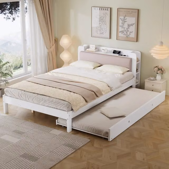 Letto estraibile 120 × 200 e 90 × 190 cm con testiera imbottita, ripiani e ricarica, senza materasso, bianco