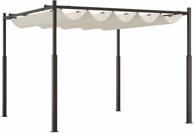 GAZEBO PERGOLA 3X3 M CON TETTUCCIO RETRATTILE 8 VITI E 8 PICCHETTI IN POLIESTERE 180G E METALLO BIANCO CREMA