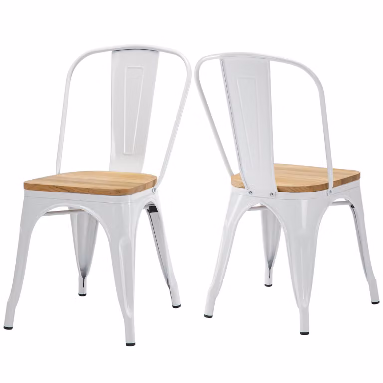 2x sedia da cucina sedia da pranzo in METALLO seduta in legno impilabile, colore:bianco+legno naturale, materiale:metallo