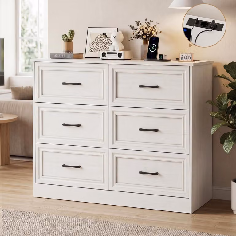 Comodino con 6 cassetti e presa integrata (2 prese USB, 2 prese di corrente), colore bianco, dimensioni 106 x 81,5 x 39 cm