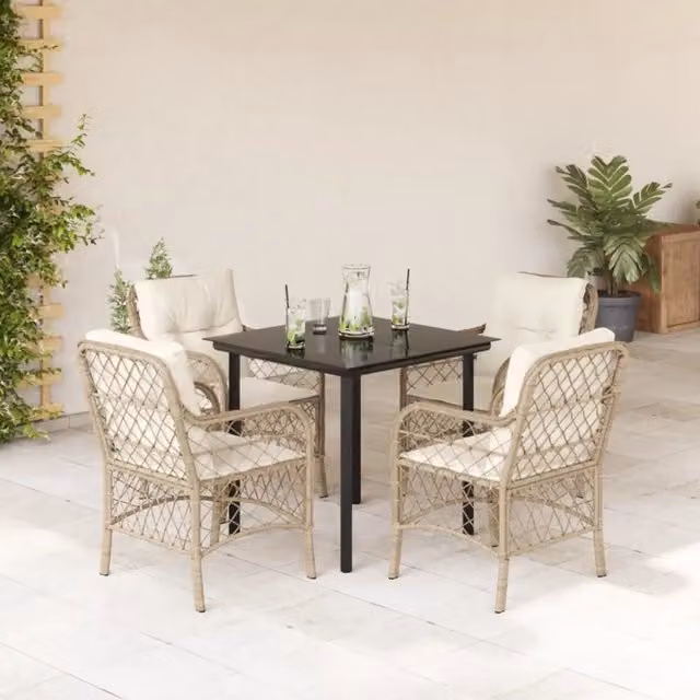 Set da pranzo da giardino vidaXL in polyrattan con cuscini beige e tavolo in vetro per esterno