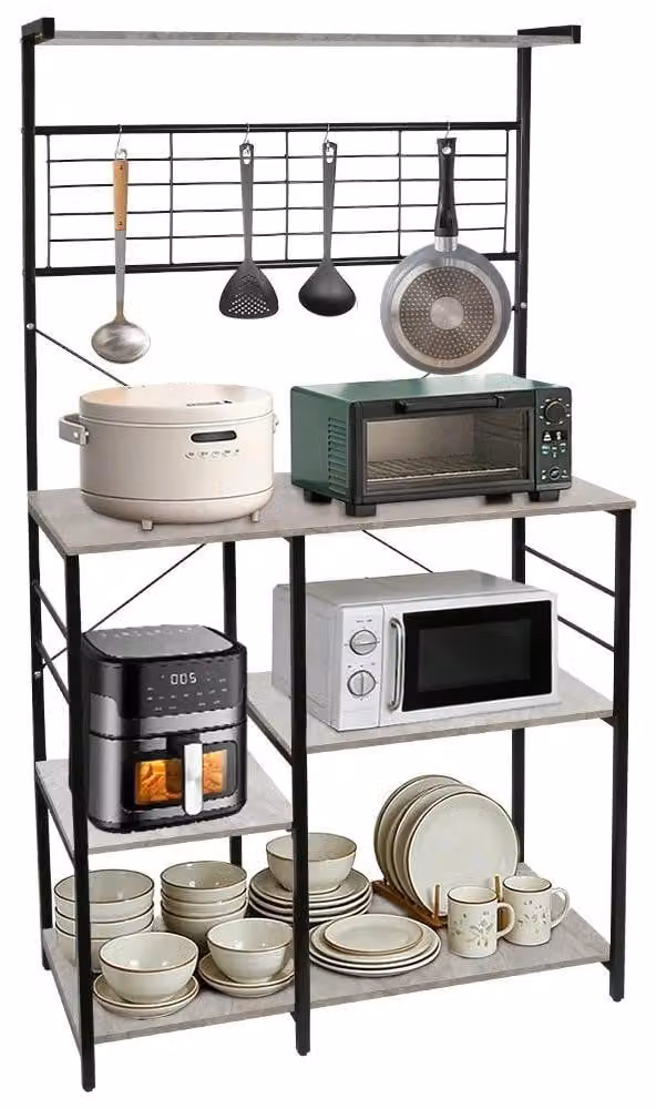 Scaffale da cucina - Scaffale portaoggetti per microonde - Stile industriale - 4 ganci a S - Legno - 90x40x40 cm - Kaki scuro