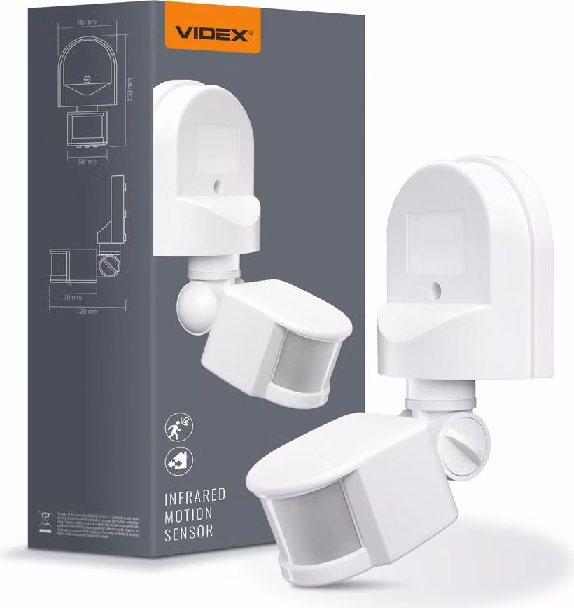 Sensore di movimento e luce a infrarossi Videx, classe di protezione IP44, potenza 1200 W, portata 12 m, campo di rilevamento 180°