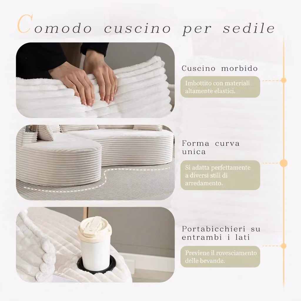 Divano curvo moderno Vovees Living in velluto a coste bianco con portabicchieri e cuscini, L: 250 cm – 2