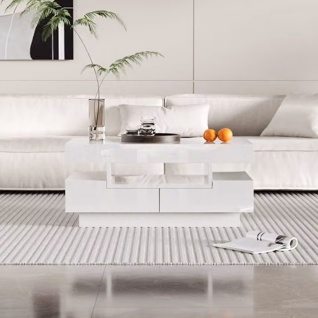 Tavolino da Salotto Moderno Bianco Lucido con Striscia LED Integrata e 4 Cassetti GL Store L: 59 cm, P: 18 cm, H: 59 cm – 1