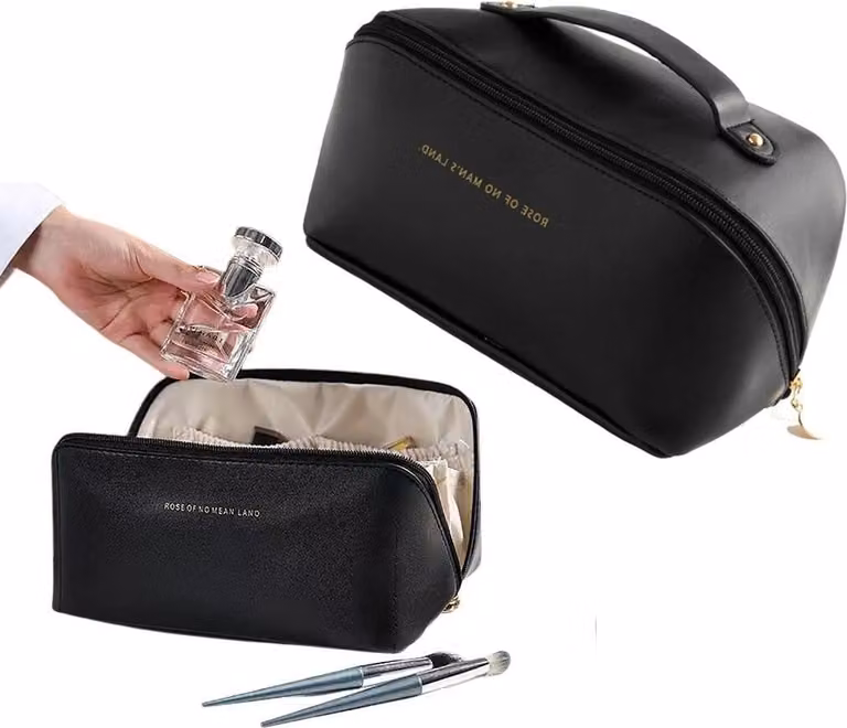 Elegante borsa per cosmetici con organizer, ecopelle nera di qualità, 23,5x10,5x11 cm