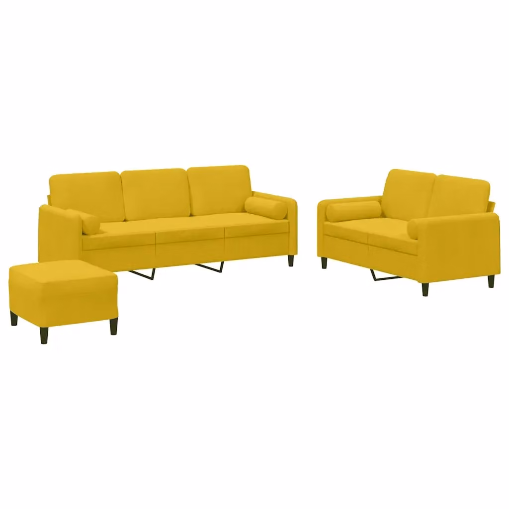 Set di divani vidaXL 3 pezzi in velluto giallo con pouf e cuscini per soggiorno moderno – 2