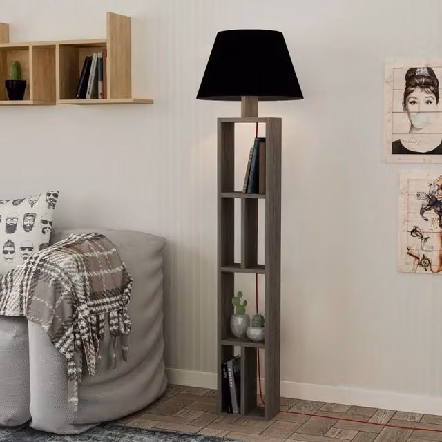 Lampada da terra con libreria GIORDANOSHOP in legno e tessuto colore nero L/P/H: 45 x 45 x 163,5 cm