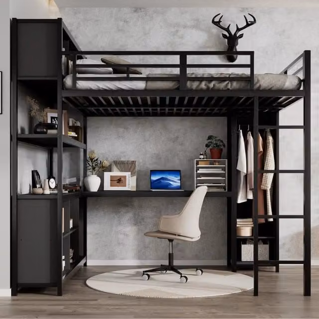 Letto a soppalco 140x200 cm con scrivania, armadio integrato e spazio contenitore, struttura in ferro e pannello truciolare, nero