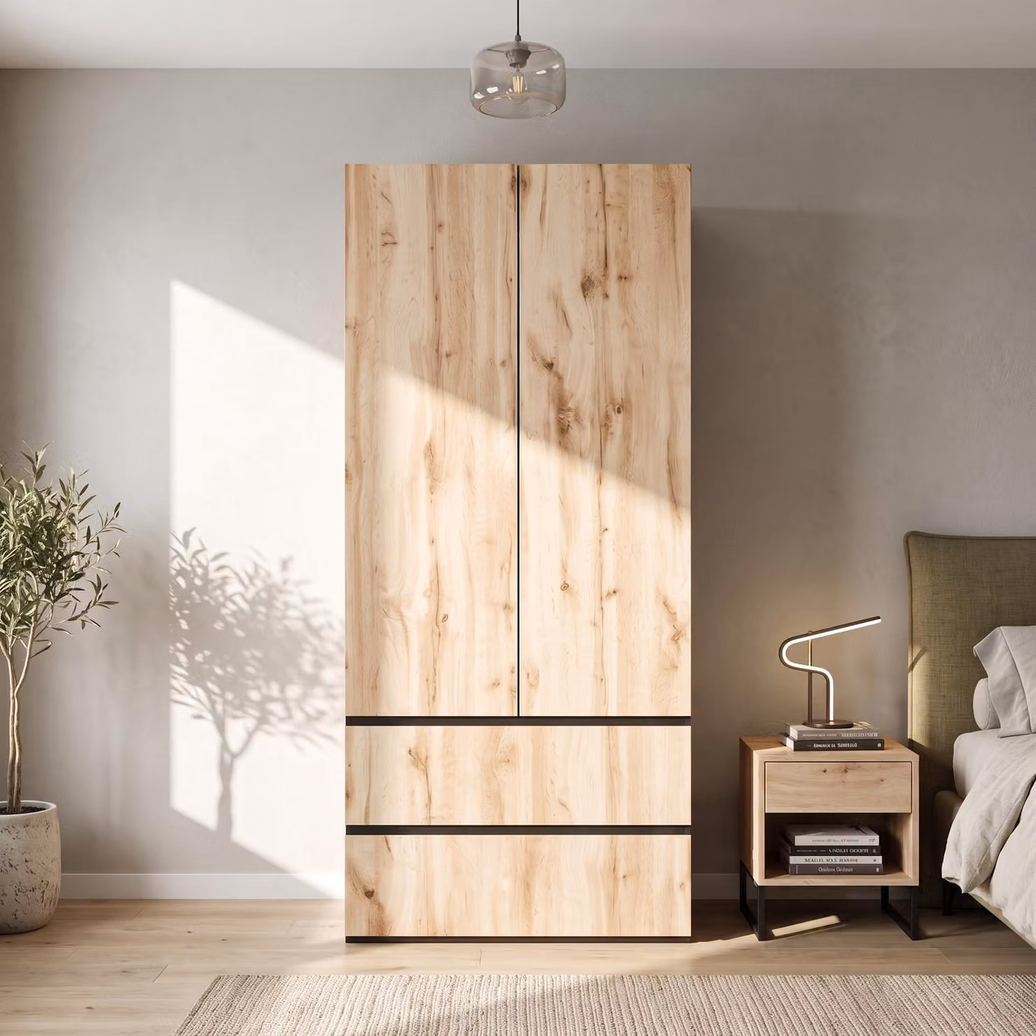Armadio con cassetti, appendiabiti con barra e vano superiore, mobile alto con ante, dimensioni 90x50x200 cm, finitura naturale e nera, materiali: MDF e pannello di fibra a media densità (PB)