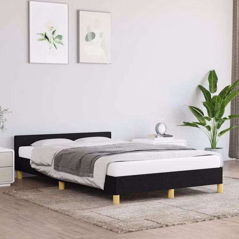 vidaXL Giroletto imbottito in tessuto nero con doghe in legno L/P/H: 200 x 120 x 27 cm
