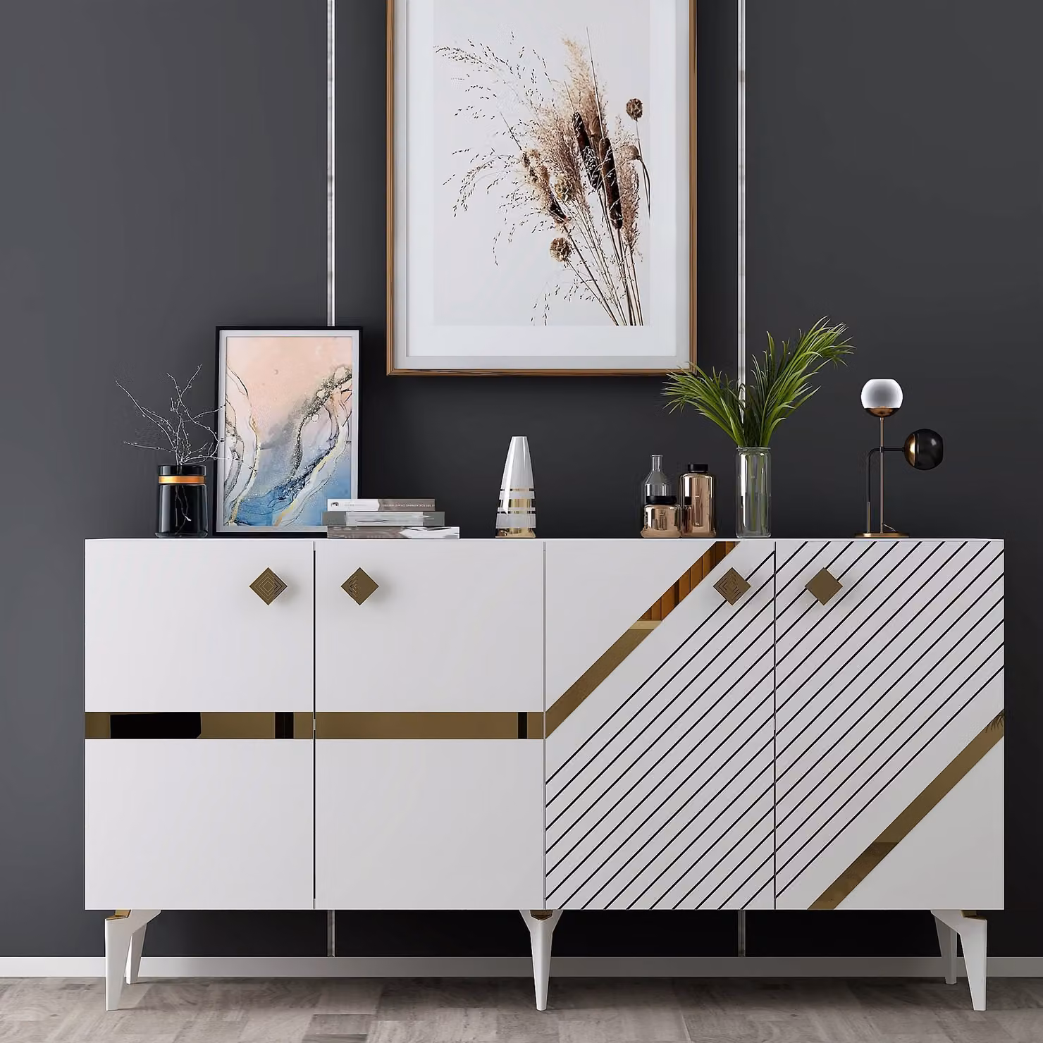 Skye Decor, Iris - Bianco, Oro, Consolle, Bianco, 100% PANNELLI DI PARTICELLE RIVESTITI IN MELAMMINA, 150 x 79 x 40 cm
