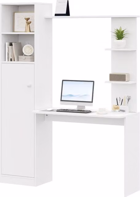 Scrivania moderna Chicfurn con armadio e ripiani per ufficio in MDF bianco L: 123.5 cm, P: 45 cm, H: 168.5 cm