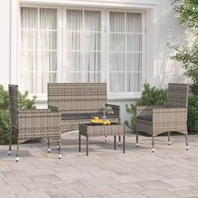 Set da giardino moderno vidaXL composto da divano a 2 posti, poltrona lounge e tavolino da caffè con cuscini in schiuma e coperture rimovibili, colore grigio e nero