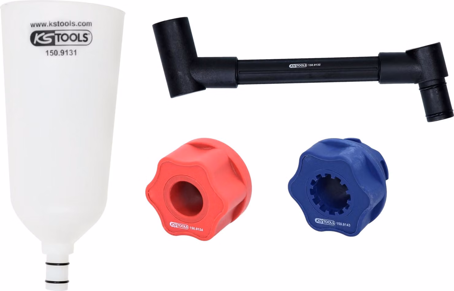 KS TOOLS Set di imbuti per il riempimento dell'olio con braccio angolare girevole per VAG, 4 pezzi - 150.9155