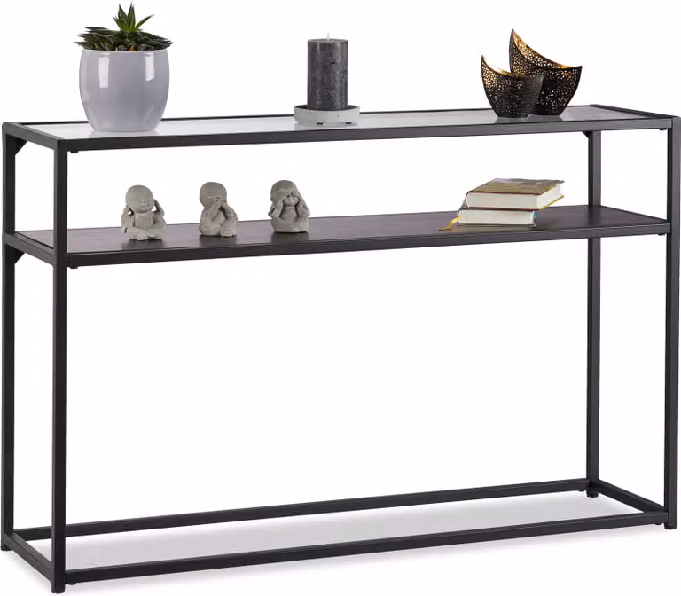 Tavolino da salotto Relaxdays in vetro, piano trasparente, struttura in metallo, ripiano, 4 gambe, A x L x P: 70,5 x 110 x 30 cm, nero