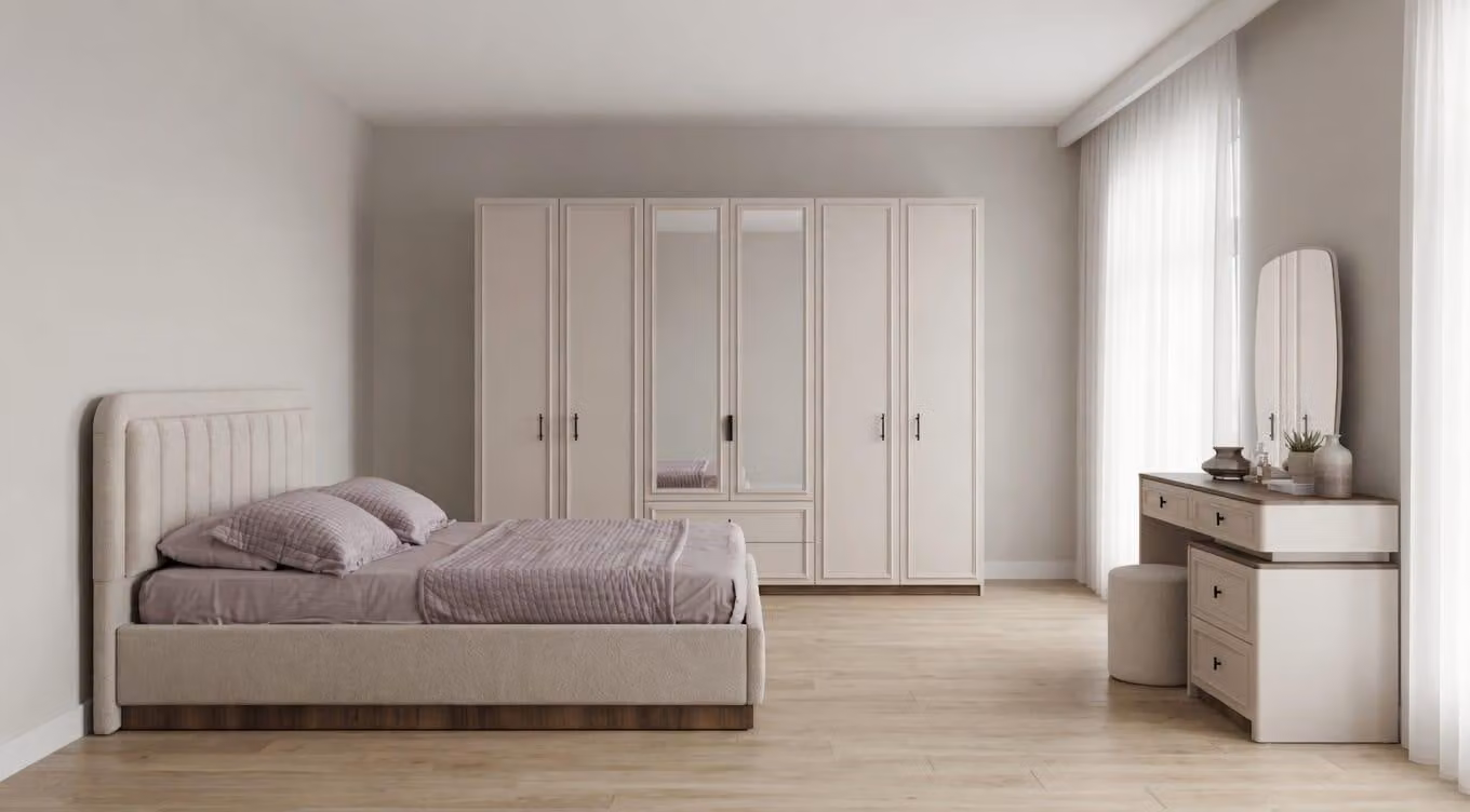 Set completo per camera da letto: letto matrimoniale, tavolino da trucco, armadio a 6 ante