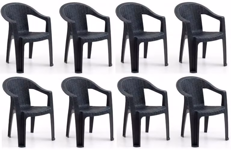 Sedia in plastica, confezione da 8, struttura intrecciata, schienale confortevole, con braccioli