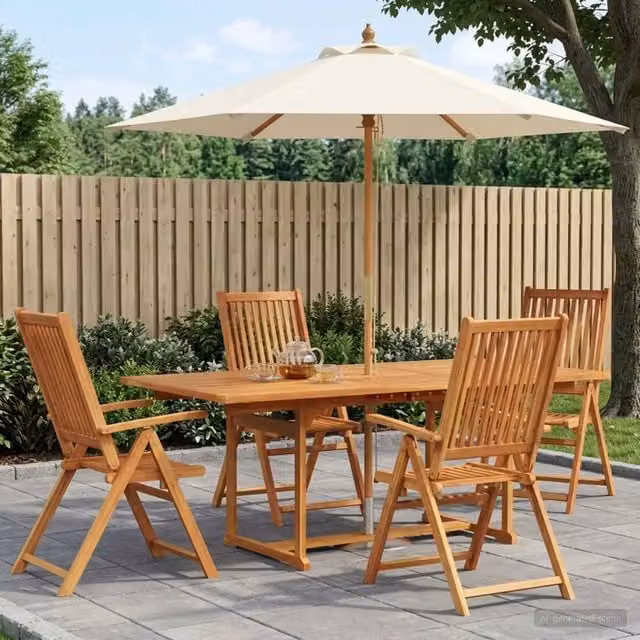 Set da pranzo da esterno vidaXL in legno di acacia con ombrellone, 6 pezzi per 4 persone, marrone e bianco – 1