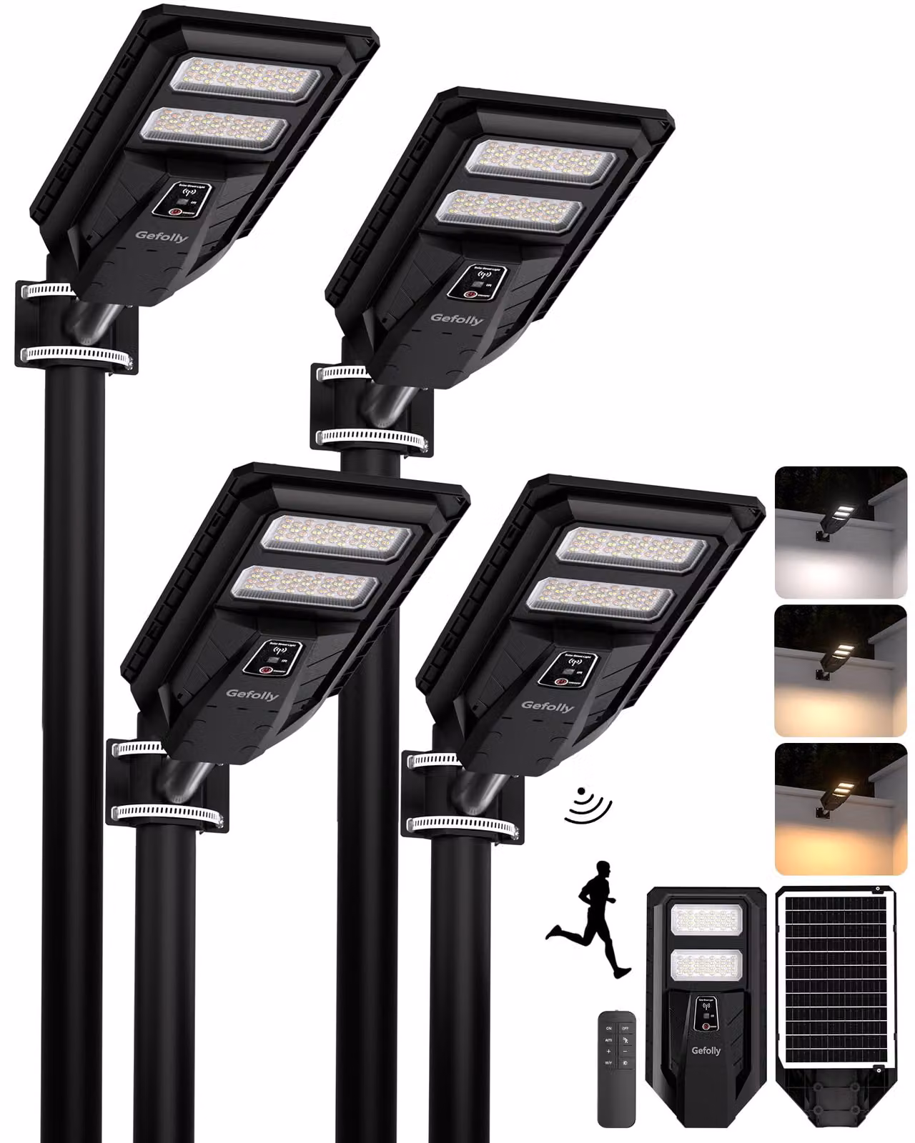 Set di 4 lampioni solari, grado di protezione IP67, temperatura di colore 3000K/4000K/6500K, colore nero
