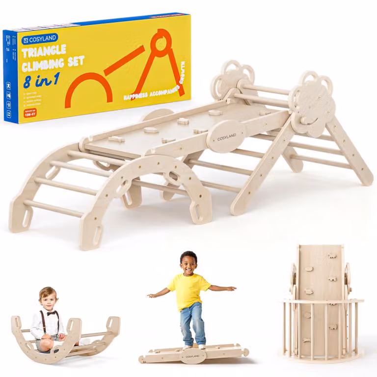 COSYLAND, struttura da gioco per interni, modello L – Grande set a forma di triangolo per arrampicata, con arco e scala