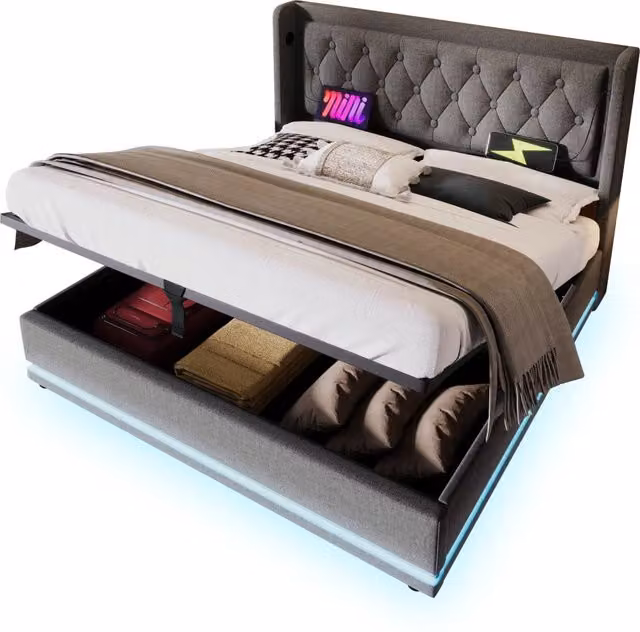 Letto matrimoniale 160×200 cm 2 posti con contenitore, USB, tipo C e LED, materasso incluso, cotone grigio