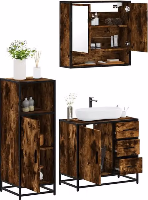 Set Mobili da Bagno 3 pz Rovere Fumo in Legno Multistrato 3300987
