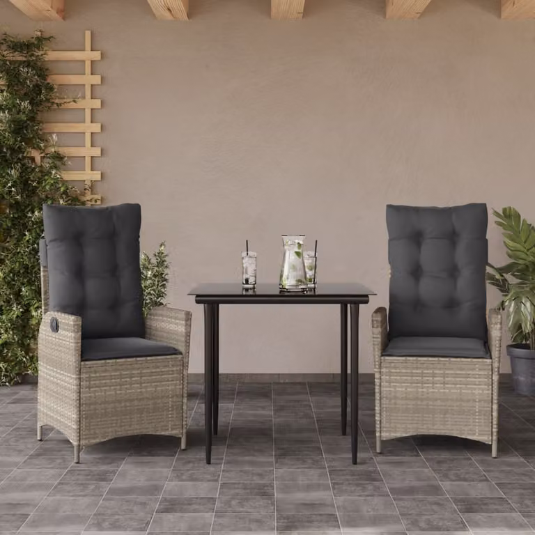 Set Pranzo da Giardino vidaXL in Polyrattan con Cuscini e Tavolo in Vetro, 3 Pezzi, Grigio Antracite