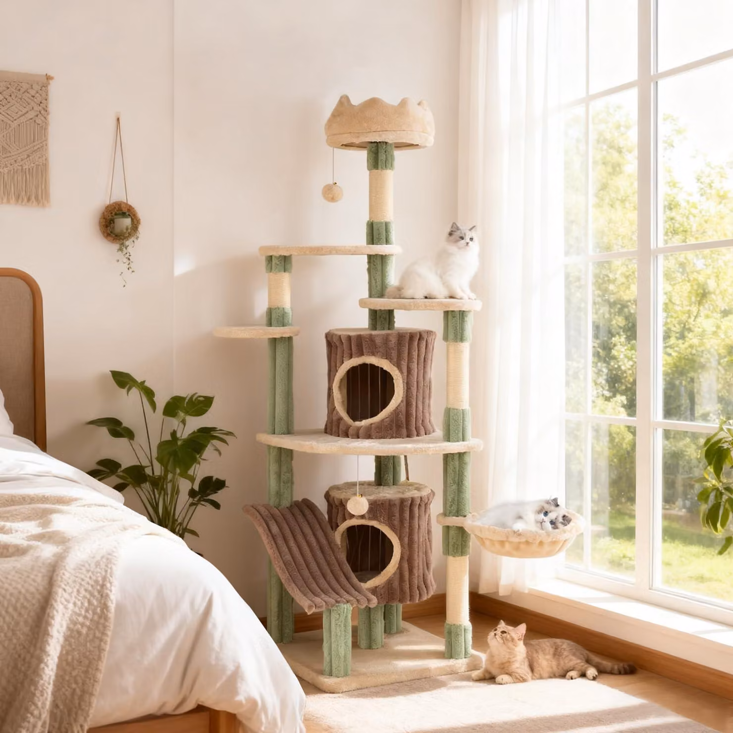 COSTWAY Cat Tree Large, albero per gatti da 163 cm con 2 grotte per gatti, base, piattaforma scorrevole, palo in sisal, cesto e palla, tiragraffi in legno per gatti, verde+marrone