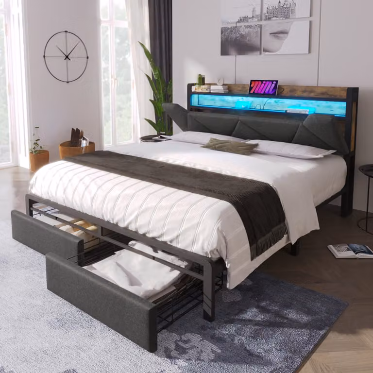 Letto matrimoniale imbottito MODFU 140x200 cm con funzione di ricarica USB e Type-C, illuminazione a LED e 2 cassetti (materasso escluso), grigio