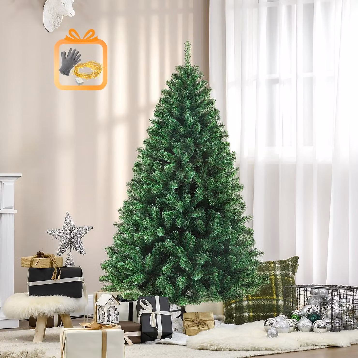Albero di Natale artificiale, altezza 180 cm, colore verde, con luci LED, 1050 punte, realizzato in PVC, con struttura in metallo