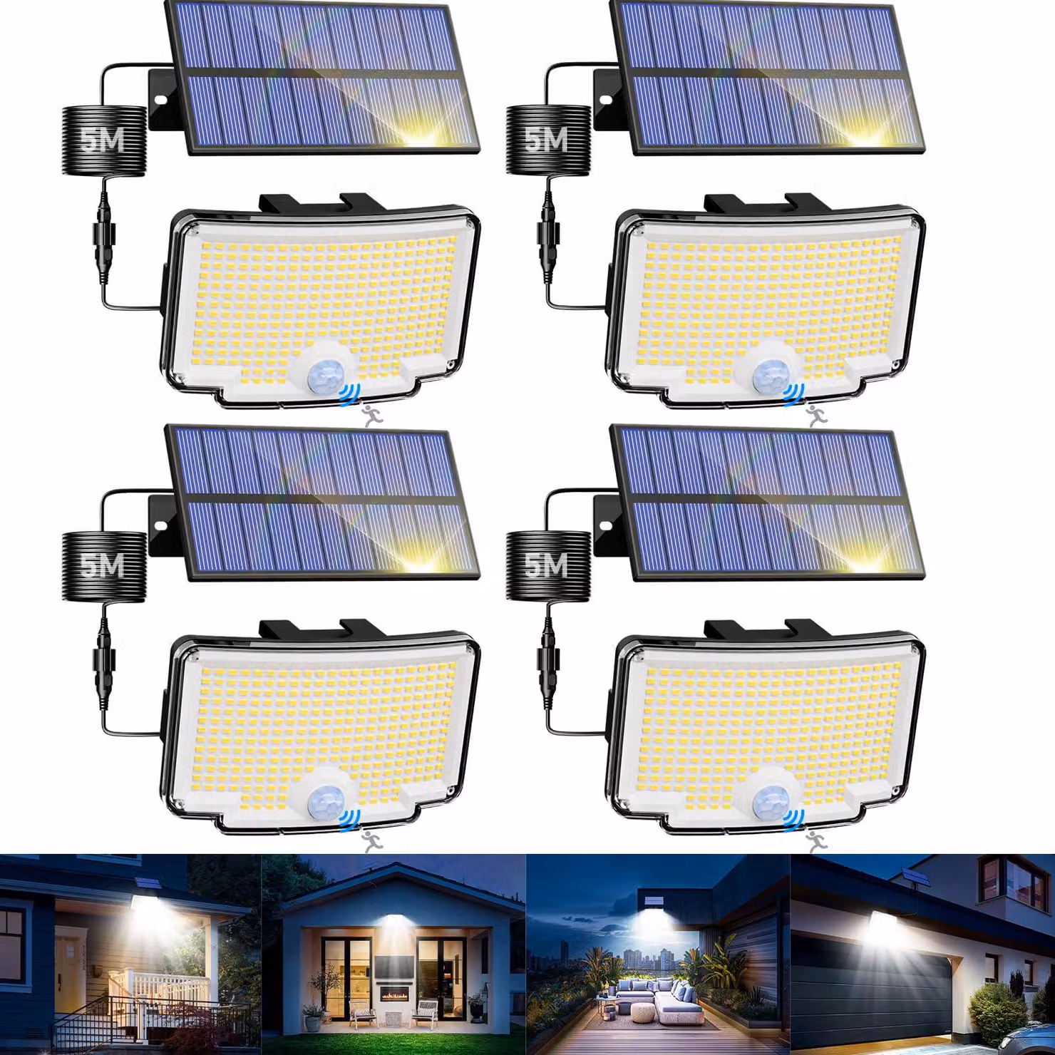 Lampada solare da esterno con 318 LED, 3 modalità, set da 4