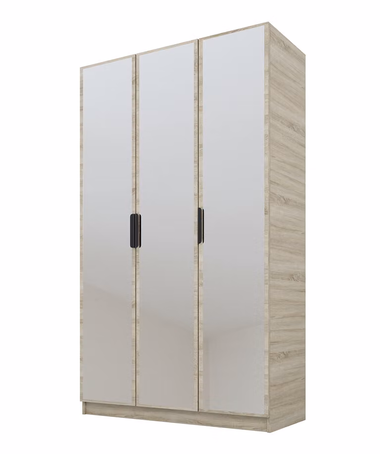 PAWS MOBEL Armadio inclinabile in rovere Sonoma 150x52x200 cm, armadio a tre ante aperto con specchi sui frontali, ripiani e appendiabiti