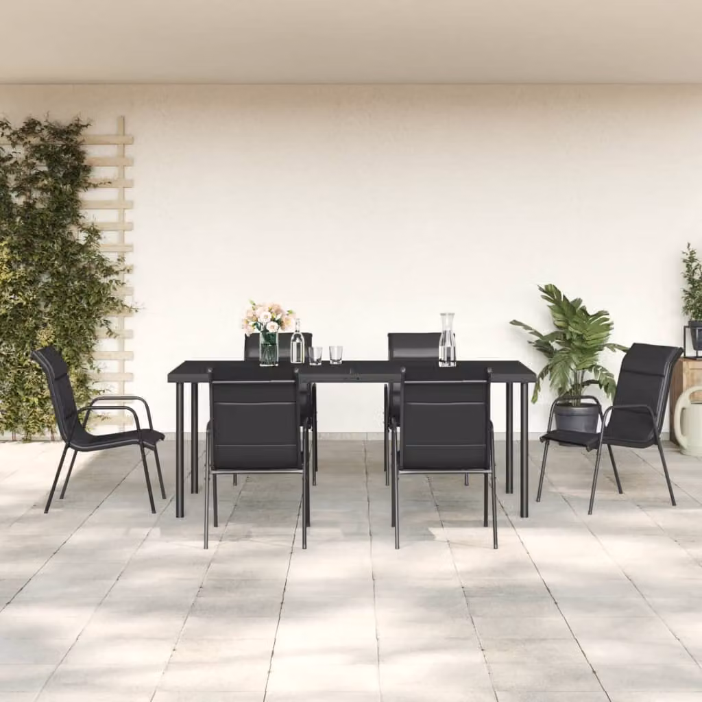 Set da pranzo da giardino vidaXL in 7 pezzi con tavolo rettangolare in vetro e sedie in acciaio antracite e nero