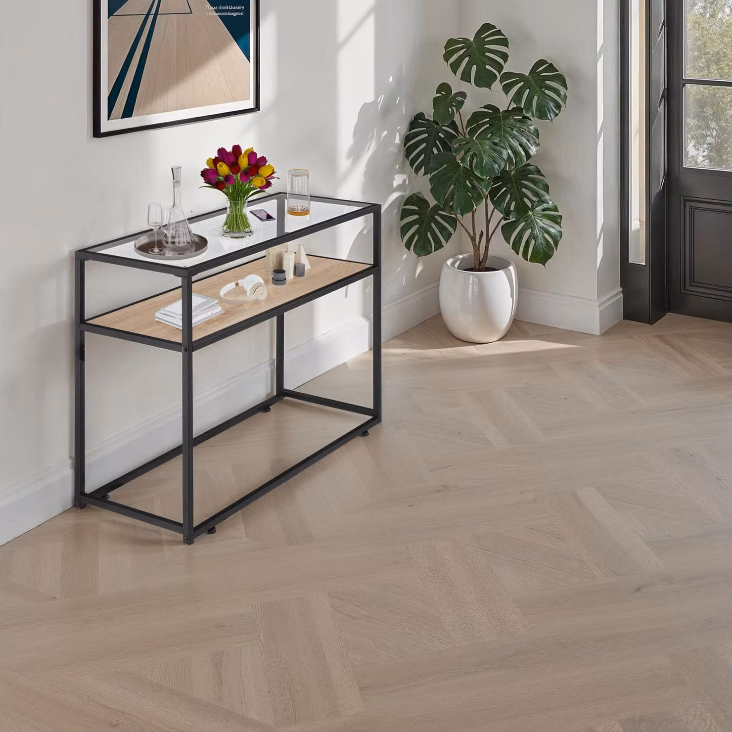 Tavolo console industriale tectake in rovere e metallo, L/P/H: 100 x 30 x 80,5 cm – 1