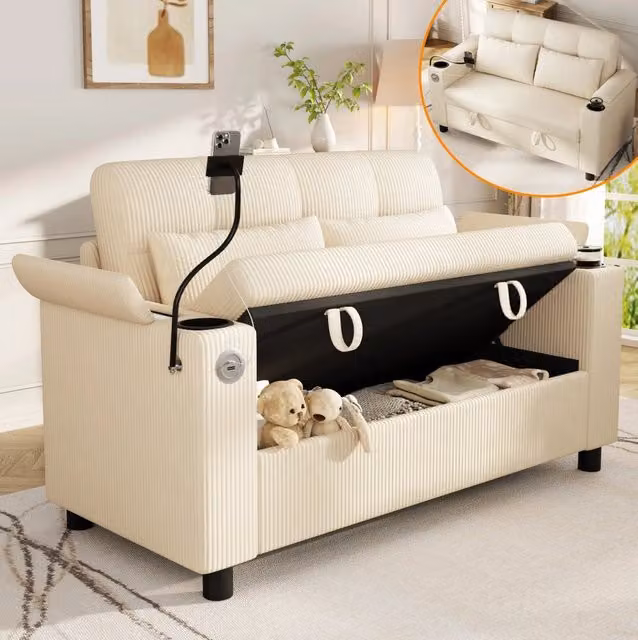 Divano 2 posti con contenitore; porte USB e Type-C; tessuto corduroy beige; 136;5 cm
