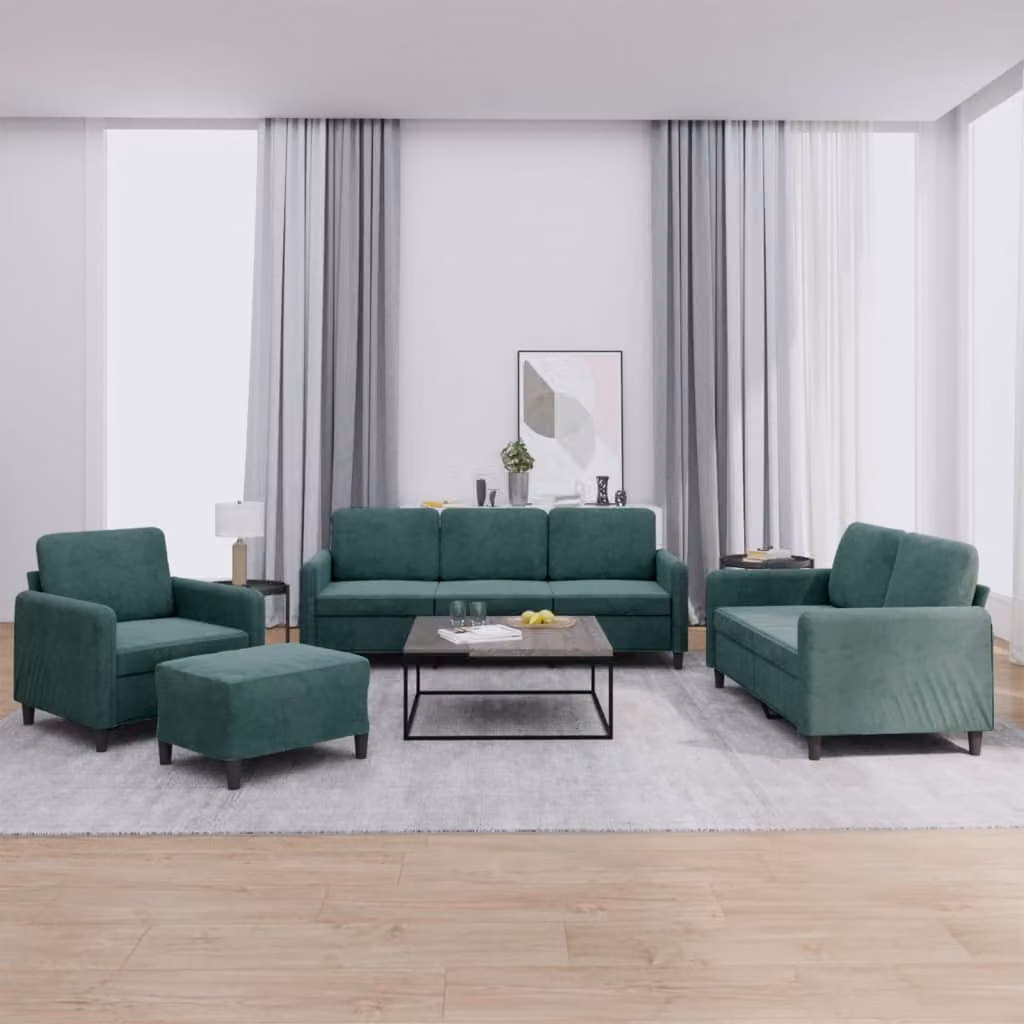 Set di divani vidaXL 4 pezzi in velluto verde con pouf e cuscini per soggiorno moderno – 1