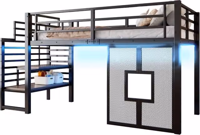 Letto a soppalco REDOM singolo in metallo e MDF nero con scala e luci LED sotto il letto L/P/H: 257 x 90 x 200 cm – 1