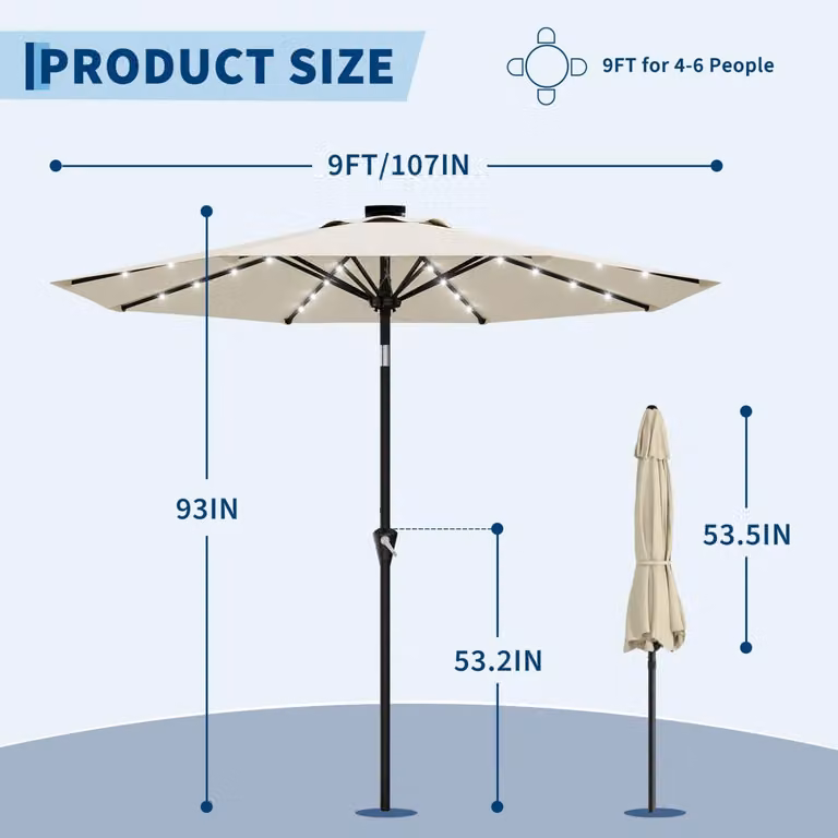 Ombrellone da giardino per terrazza - 270 cm - Ombrellone da giardino - Illuminazione a LED - Manovella con funzione di inclinazione - 8 stecche - Beige