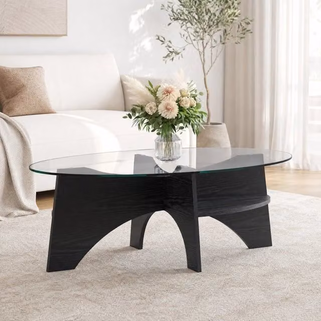 Tavolino ovale in vetro temperato con struttura in MDF nero