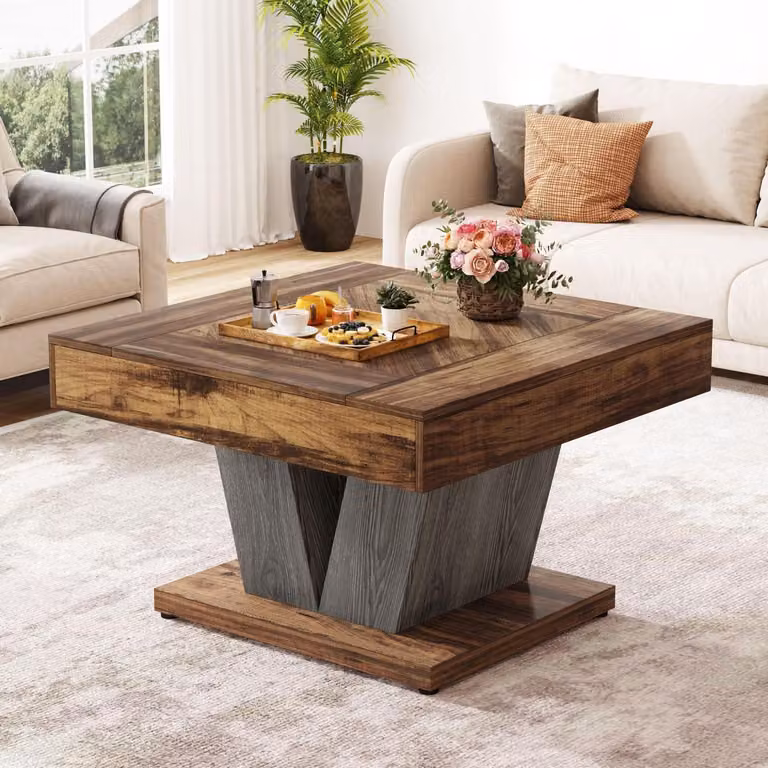 Tavolino quadrato in legno, 80 cm, marrone e nero, stile rustico