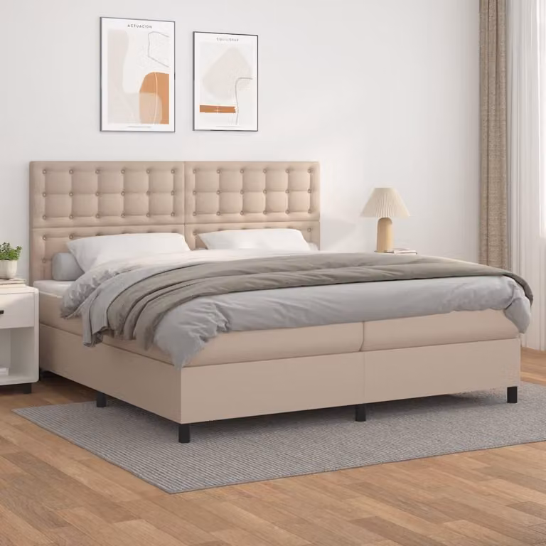 Letto con boxspring e materasso, colore cappuccino, dimensioni 200x200 cm, rivestito in ecopelle