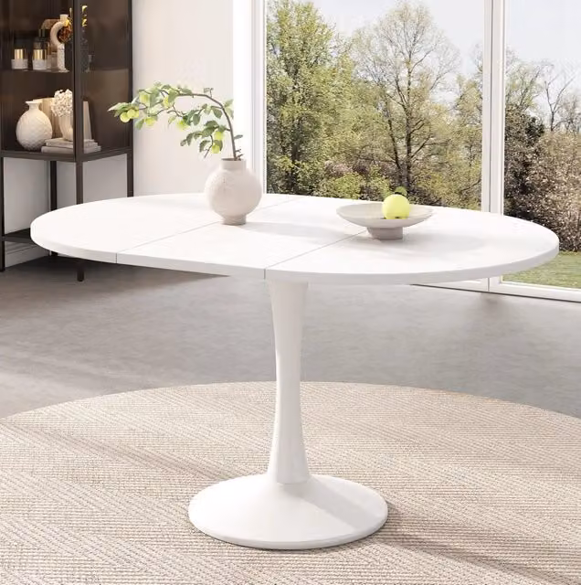 Tavolo da pranzo ovale estensibile ULEVR 100/140x100x75 cm in MDF e ferro, bianco, per sala da pranzo