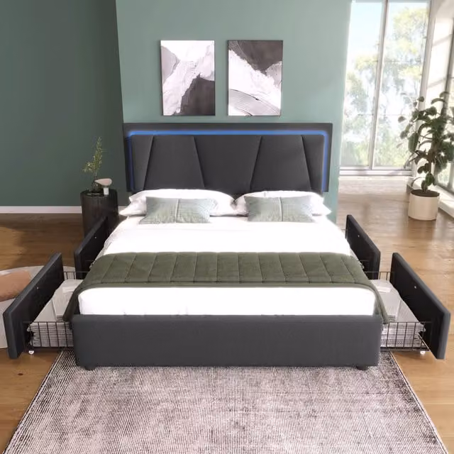 Letto contenitore 140x200 imbottito con LED; testiera regolabile e 4 cassetti; grigio