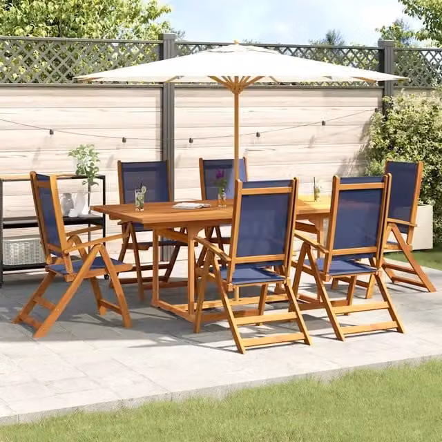 Set Pranzo da Giardino vidaXL in Legno di Acacia e Textilene, 7 Pezzi, Marrone e Blu – 1