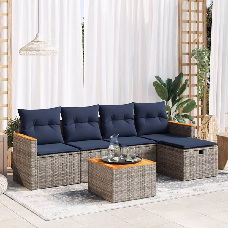 Set Divano da Giardino a L vidaXL in Polyrattan con Cuscini e Tavolino, 6 Pezzi, Grigio