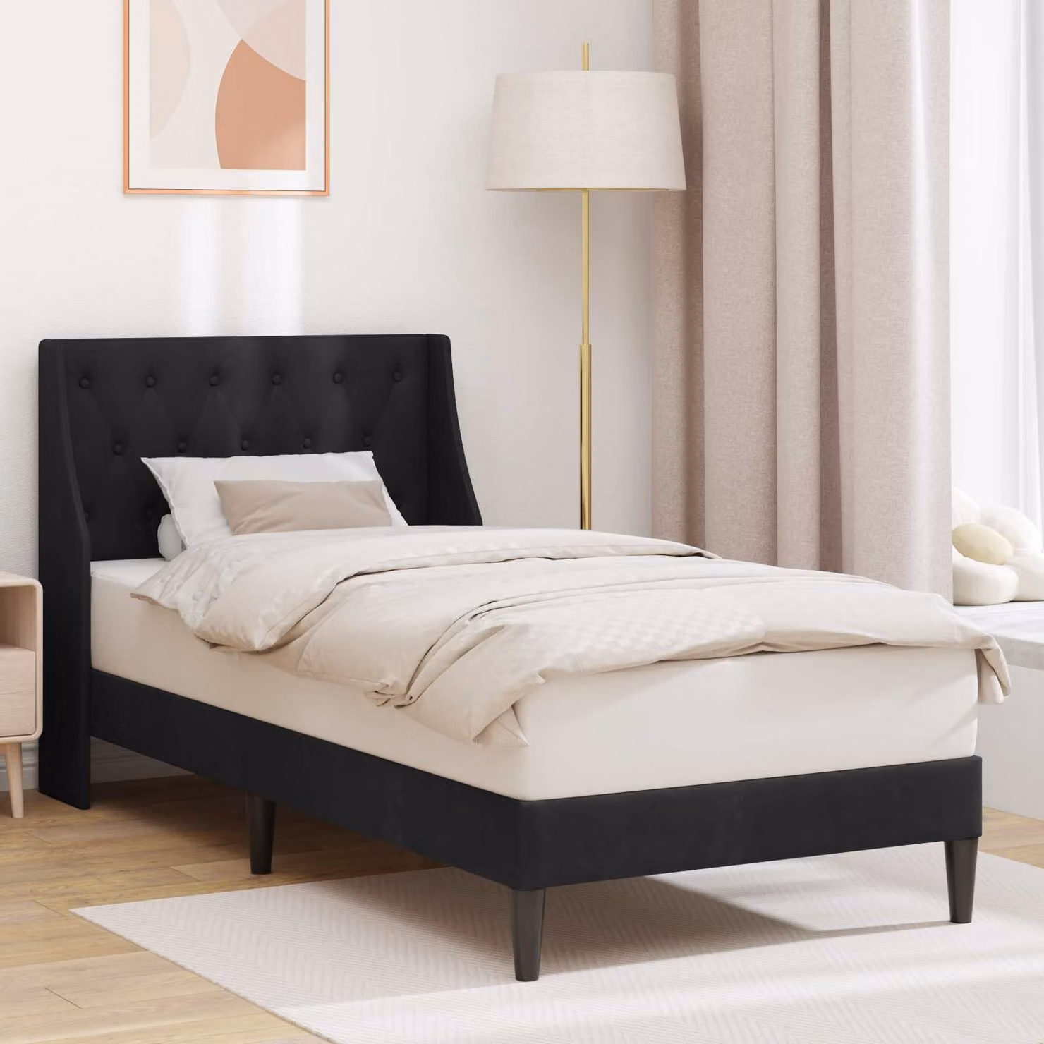 Struttura del letto con testiera vidaXL in velluto nero, L/P/H: 90 x 190 x 94 cm