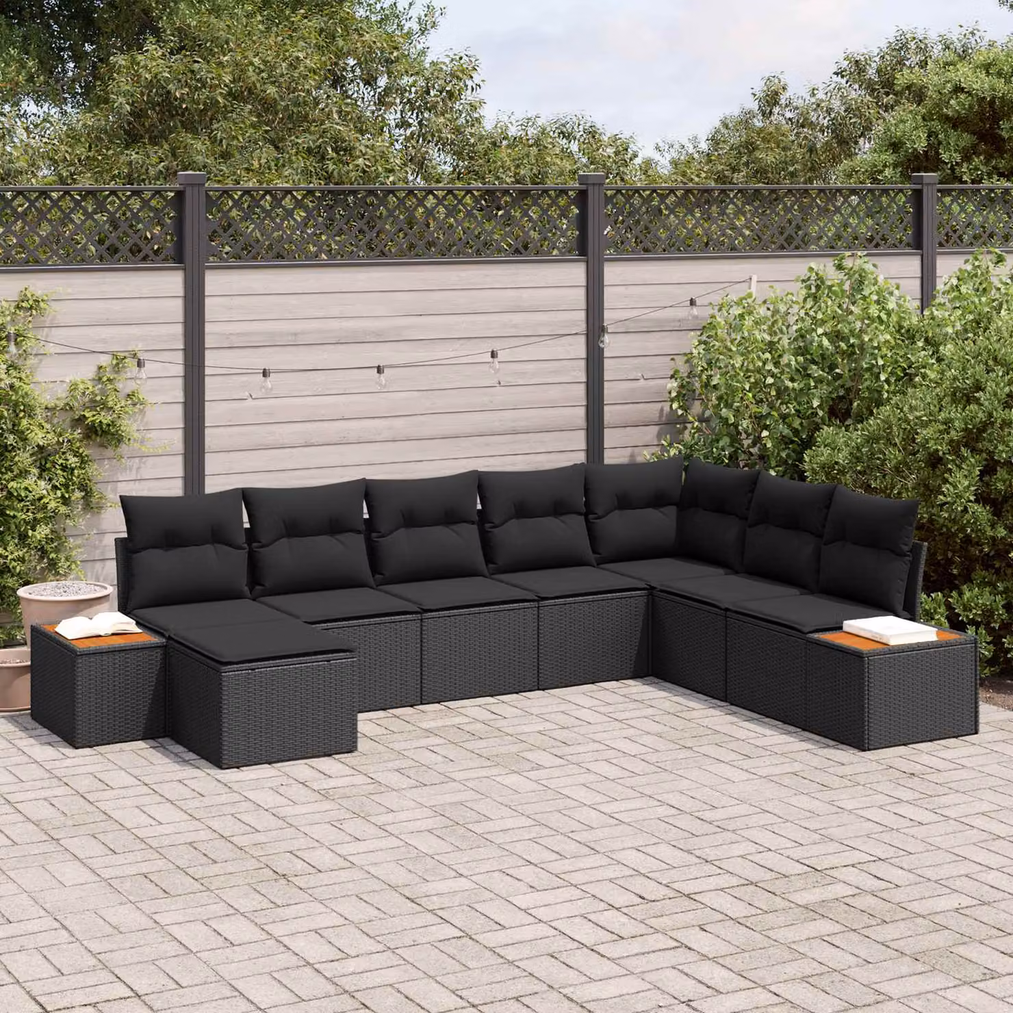 vidaXL Set Divano da Giardino 9 Pezzi Nero con Cuscini e Tavolino da Esterno in Polyrattan e Acciaio – 1