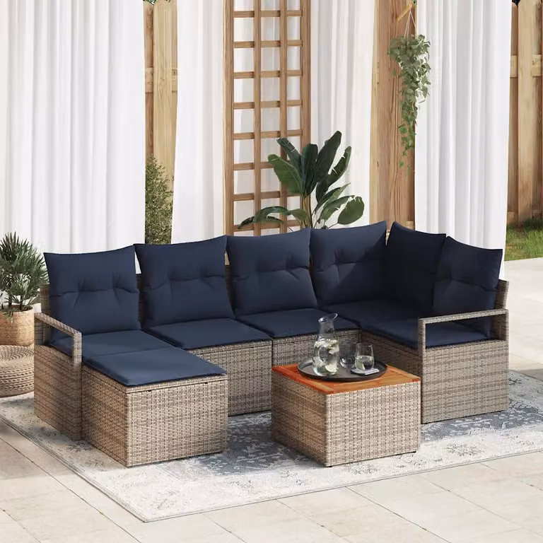 Set Divano da Giardino Moderno vidaXL a Forma di L in Polyrattan Grigio con 7 Pezzi e Cuscini Inclusi